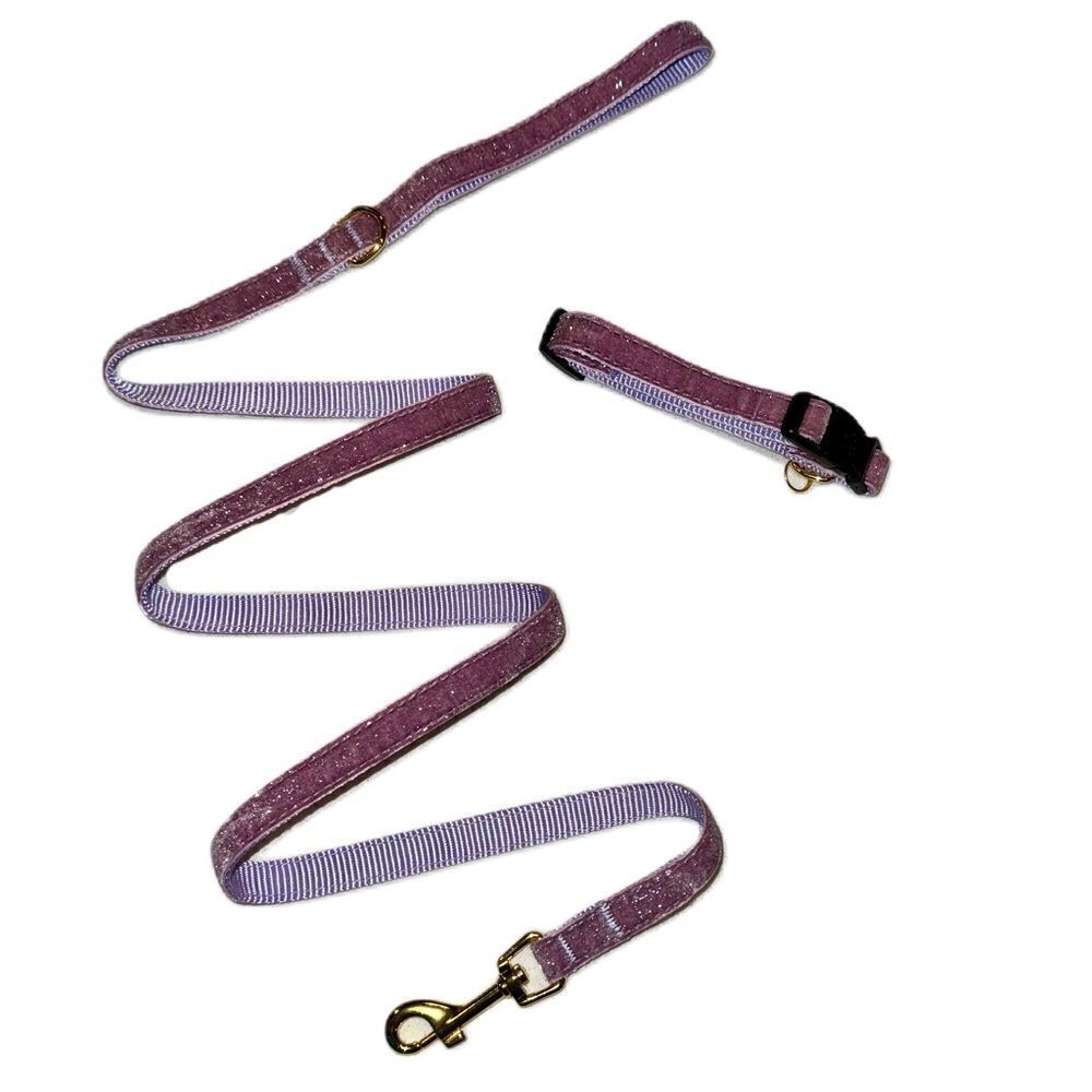 Puptown Chic Adjustable Purple Glitter Velour Dog Collar & Leash Set Size Small